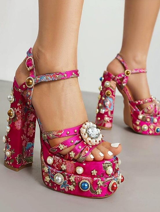 Azalea Wang Shoes - Embellished Fuchsia Platform Heels with Ankle Strap